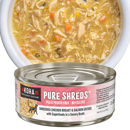 KOHA Pure Shreds Chicken and Salmon Entrée for Cats High Protein Wet Cat Food 5.5oz Cans (Pack of 12)