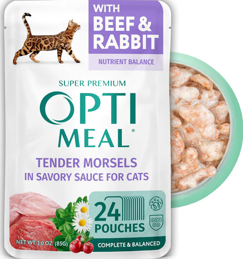 Optimeal Grain-Free Tender Morsels Cat Wet Food - Real Morsels Balanced Recipe for Cats (4.5lbs 24 Pouches) Beef & Rabbit