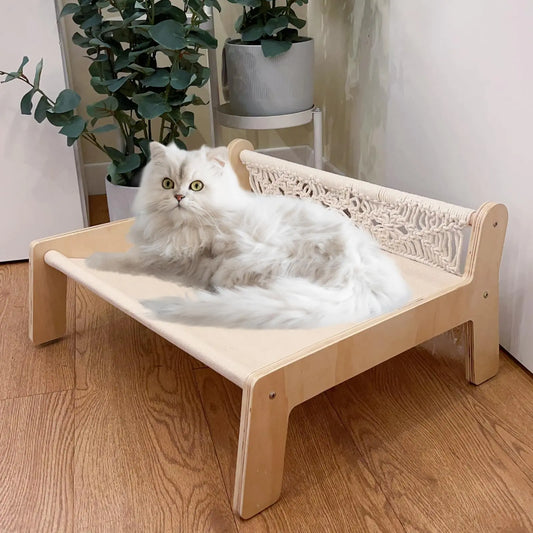 TOYAFUN Boho Cat Hammock Bed - Macrame Elevated Cat Bed for Indoor Cats Free-Standing Breathable Cat Chair Wooden Cat Swing Bed Pet Furniture Gift for Cats and Small Dogs