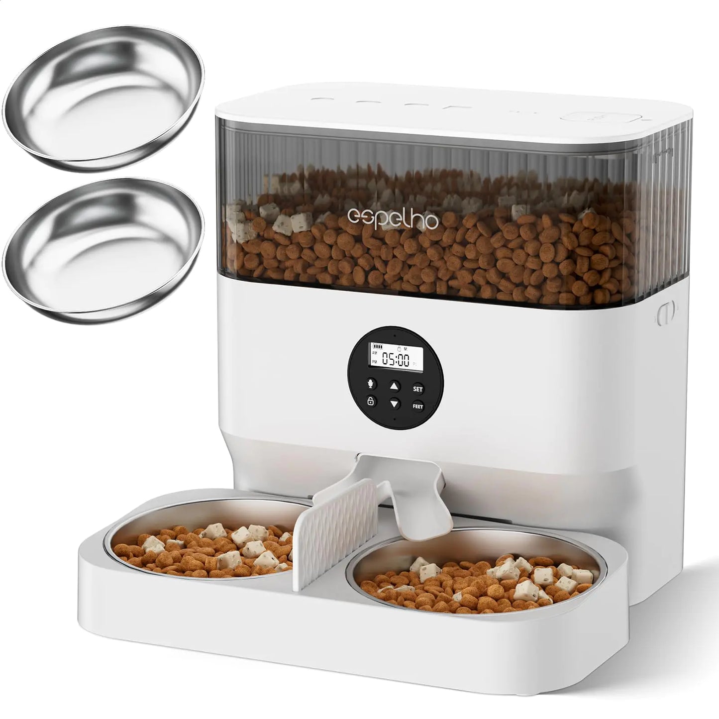 Espelho Automatic Cat Feeders for 2 Cats - 5L Timed Cat Food Dispenser with 2 Stainless Steel Bowls 10s Meal Call Programmable Portion Control Pet Feeder with Desiccant Bag for Cats & Dogs
