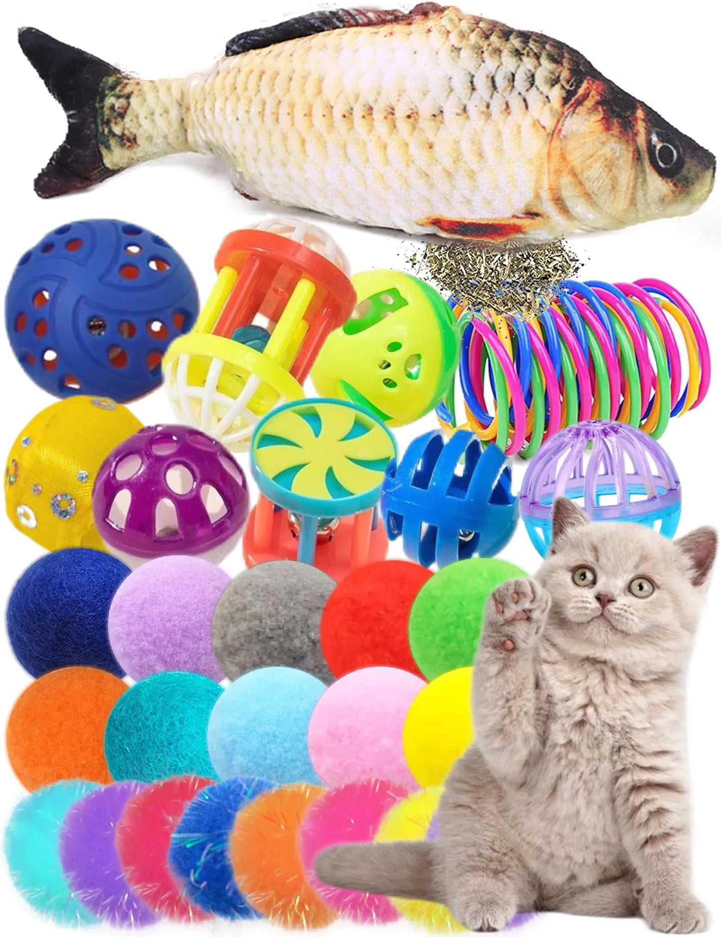 DIYUQISHI Cat Toys Variety Pack – 33pcs Set with Catnip Fish Bell Balls Plush & Reflective Balls for Indoor Cats – Fun and Safe Toys for Cats